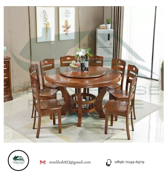 GHF-DR-01 set meja makan bundar dan kursi dining table dining chair set  meja bulat Seat Wooden Rotating Dining Round Table And Chair Set Lazada 