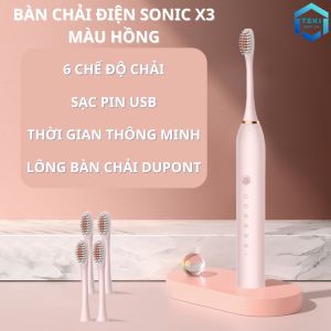 Bàn Chải Điện Đánh Răng Sonic X3 MÀU HỒNG Thông Minh 6 Chế Độ Làm Sạch Tặng Kèm 4 Đầu Thay Thế Lông Mềm Cao Cấp | TEKI