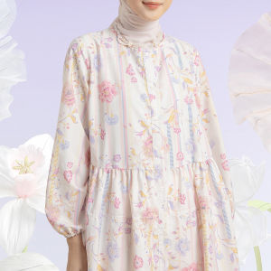 HijabChic Melissa Creme Pink Tunic - Tunik Katun Premium Lembut Motif Bunga Cantik Layer Kerut Busui