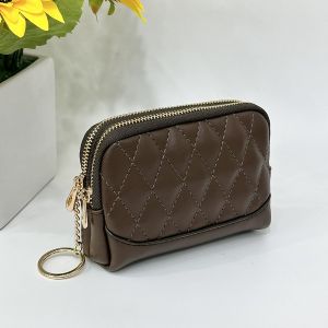 Quilted Plaid Soft Leather 2 Zipper Compartment Coin Purse Wallet