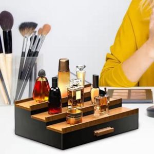 RBJ4 Stepped Type 3 Tier Cologne Display Stand Space Saving Large Capacity Makeup Display Stand Stylish with Drawers Wooden Perfume Storage Box for Home