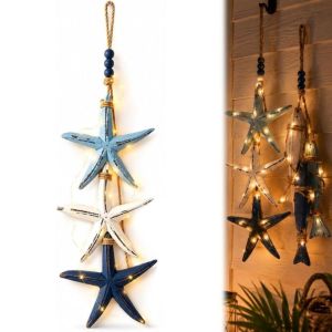 FLYING Hanging Lighted Wooden Fish Wall Decor Marine Theme Warm LED Mediterranean Decorative Starfish Gift Lighted Decoration Fish Curtain Lights Porch Decoration