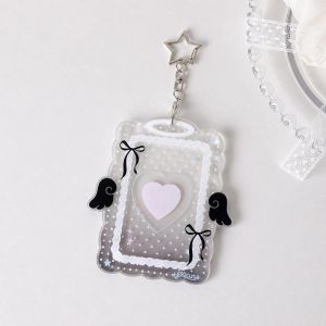 KEND Transparent Acrylic Photocard Holder Cartoon 3 Inch ID Card Protector Love Heart Polka Dot Pattern Card Holder Keychain Card Bag Pendant