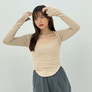 Lotus Clothing Eilish Top - Atasan lengan panjang wanita - Cotton Rib Top - Longsleeve Square Neck