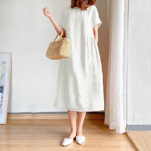 Japanese Linen Cotton Dress Womens Solid Color Round Neck Long Sleeves Casual Dress with Pockets