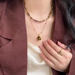 Retro Temperament Layered Tiger Eye Stone Pendant Necklace For Women Stainless Steel Double-Layer Collarbone Chain Sets Jewelry