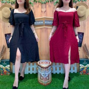 GHAUDENS-MIDI DRESS CRINCLE SLIT FLARE 3016