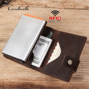 CONTACTS Crazy Horse Leather Men Wallet RFID Blocking Credit Card Holder Aluminum Box Automatic Pop Up Business Security Purse Slim Women Anti Theft Mini Smart Wallet