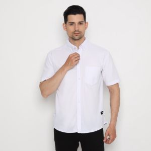 Baju Kemeja Michigan Shirt White Basic RS31 Cowok Jumbo - Kemeja Polo Pria Dailywear Lengan Pendek Santai Warna Putih Super Big Size