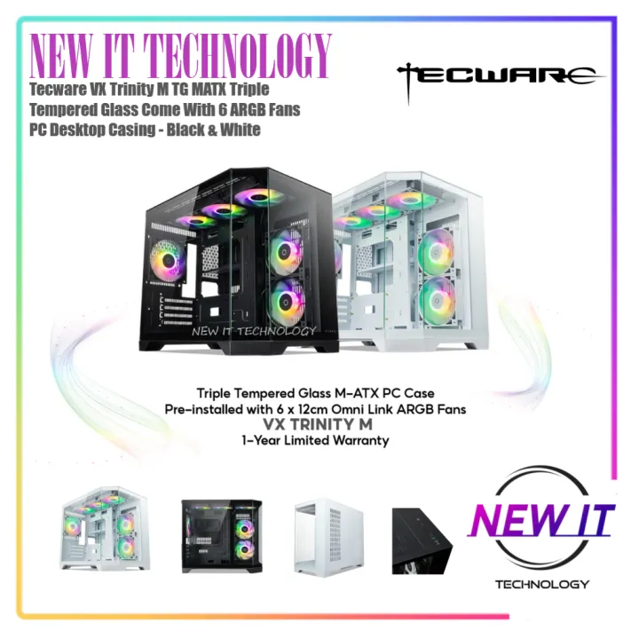 Tecware VX Trinity M & M2 & 2 M TG MATX Triple Tempered Glass Come With 6 ARGB Fans PC Desktop Casing - Black & White