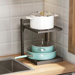 SG [READY STOCK] Adjustable Pot Rack Kitchen Storage Rack Organiser Multipurpose Under Sink Rack Collapsible