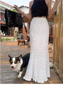 YODO(02)กระโปรงหางปลาสีขาวลายจุด เอวสูง ยืดหยุ่น กระโปรงมิดี้สง่างามแฟชั่น พร้อมส่งในไทย