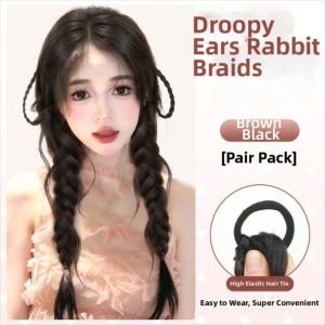 VB45D 2Pcs 18 Inch Double Braids Ponytail Extensions Long Ear Rabbit-style Handmade Braids Pony Tails Trendy Natural Twist Braid Hairpiece for Women