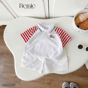 Set polo thêu ngựa áo tay ngắn raplang kẻ sọc kèm quần short kaki bé trai 11đến 28kg BERNIE H0226B35