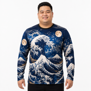 Mens Plus Size Japanese Wave Graphic Long Sleeve Motorcycle Rider Jersey Quick Dry Crew Neck Top LA011