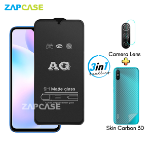 Xiaomi Redmi 9A PAKET 3in1 Tempered Glass Anti Glare Free Camera Lens dan Skin Carbon