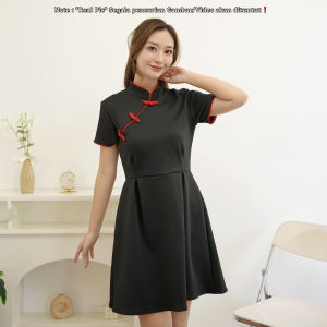 RED-Dress Cheongsam Wanita/Dress Qipao Lengan Pendek/Terusan Wanita A-Line/Dress Elegant CNY