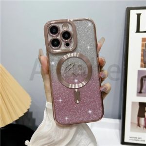 For iPhone 15 11 12 13 Pro Max 14 15 Plus Phone Case Luxury Magsafe Magnetic Flash Plating Gradient Glitter Frame Lens Protective Phone Cover