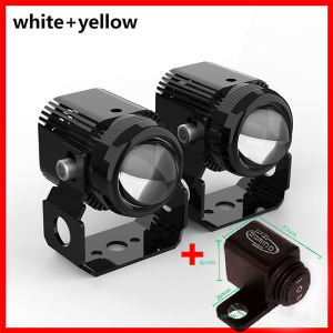 [Free Switch]Mini Driving Lights Full Set Motorcycle Pair of White+Yellow Universal LED Headlight High Quality 25W*2 Waterproof P15D/H4/H6/BA20D