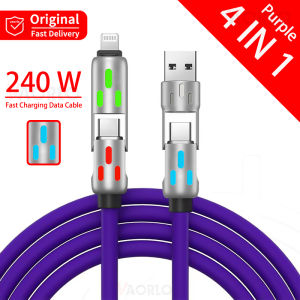 VAORLO 4 IN 1 240W RGB Cable Super Charger Wire Compatible With iPhone 15 Type-C/USB to Type C/8Pin PD Fast Charge For Huawei Xiaomi Data Cable