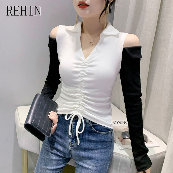 REHIN Autumn/Winter New Off-Shoulder Black and White Ruched