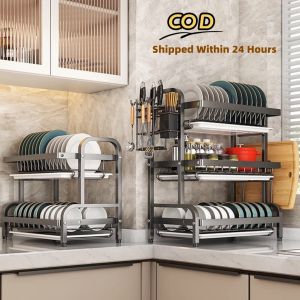 Kitchen dish rack stainless steel dish rackrust-proof dish storage with drain pan utensil organizer