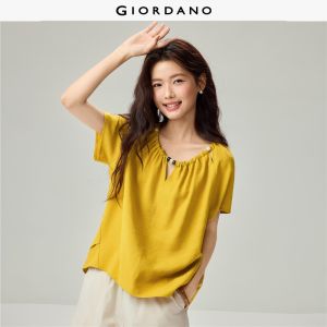 Giordano Women Beaded keyholes round neck short sleeve blouse Free Shipping 18346819