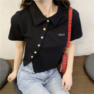 Kemeja Polo Lengan Pendek Wanita Warna-Warni Kancing Pinggang Tinggi Modis Kasual Kemeja Potong Atasan Bawah