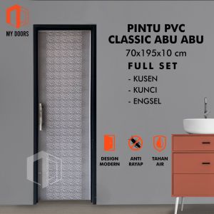 Pintu Kamar Mandi Coklat - Abu - Model Clasik Bahan PVC Tebal + Handle Mewah Engsel & Kunci Slot