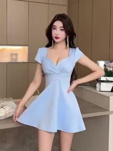 Ưu Đãi Đặc Biệt: Đầm Ngắn Tay Cắt Thấp Gợi Cảm Dành Cho Nữ Kiểu Dáng Đơn Giản VáyDáng Chữ A Eo Cao Viền Bèo Tay Ngắn Cổ Vuông Đầm Dự Tiệckk5