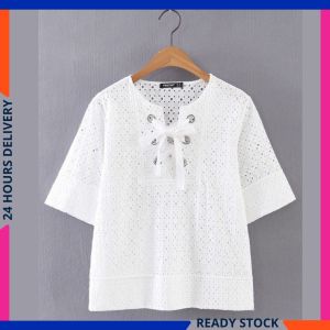 CFBOUTIQUE Inspired Lace Up Short Sleeve Top
