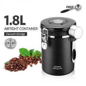 304 Stainless Steel Coffee Bean Container Seal With Lid Date Recorder And Scoop 1.8L