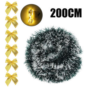 YESPERY New 2M Christmas Tinsel Garland with String Lignts Bow Decorative Ribbon Xmas Tree DIY Party Prop Christmas Decoration