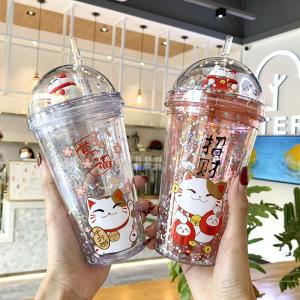 GP Lucky Cat Double Layer Ice Cup Prosperity Bottle with Straw 450ML [Collection Series]