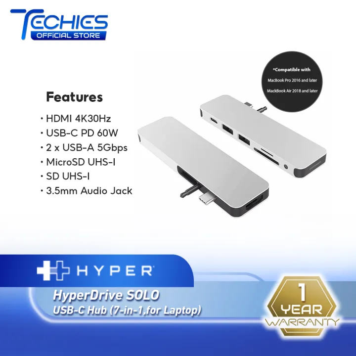 HyperDrive SOLO GN21D 7-in-1 USB-C Hub For Macbook Pro & Macbook Air (HDMI 4K/USB-C PD/USB-A 5Gbps/MicroSD/SD Card/3.5mm Audio Jack) - Silver
