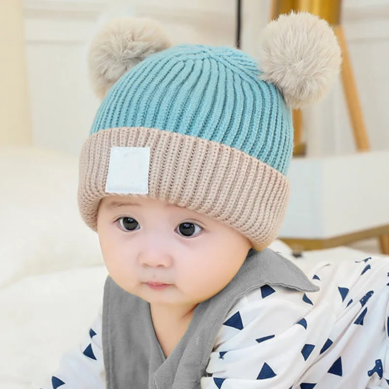 Cartoon Pompom Infant Baby Hat Plush Knitted Thicken Crochet Boy Girl Beanie Cap Autumn Warm Ear Protection Toddler Kids Bonnet