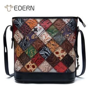 EDERN กระเป๋าสะพายไหล่หนังแท้สำหรับผู้หญิง กระเป๋าแมสเซนเจอร์เย็บปะติดปะต่อสีสันสดใส กระเป๋าสะพายข้างหนังวัว กระเป๋าสลิง หรูหราแฟชั่น กระเป๋า Tote