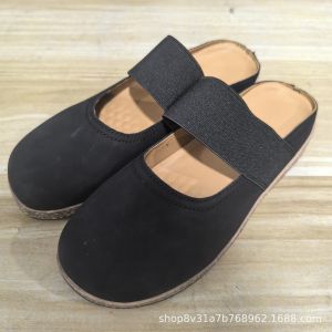 [Free Shipping] Retro Square-Toe Half-Slipper WomenS Shoes New Elastic Strap Lazy Slip-Ons Wedge Heel Thick-Soled For Outdoor Wear Available In Large Sizes