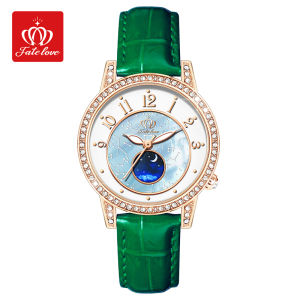 Fatelove ladies watch original authentic waterproof watch anti-scratch mirror Inlaid diamond moon phase function elegant ladies leather strap fashion cool