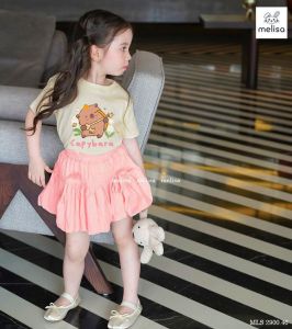 Set Melisa cho bé gái in hình Capybara đáng yêu Váy hè cho bé Áo thun cotton chân váy bí cho bé