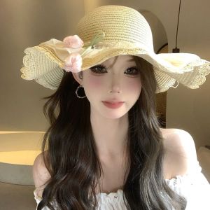 COSE Korean Style Lace Tulip Sun Hat Sweet Wide Brim Bow Sunscreen Hat Simple Elegant Straw Woven Hat Ladies
