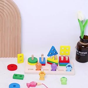 Montessori Wooden Fishing Clip Bee 3 In 1 Pillars Early Education Hand Eye Coordination Color Recognition Interactive Baby Toys
