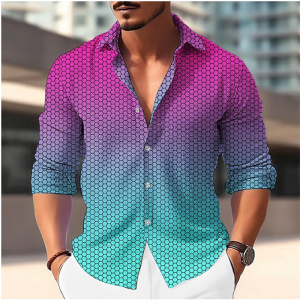 2026 New Mens Shirt Gradient Pattern Printing Red Blue Purple Outdoor Street Long Sleeve Clothing Fashion Dress Designer Casual