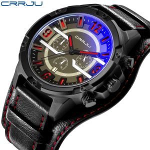 CRRJU Men Watches Luxury Quartz Chronograph Military Leather Strap with 24 Hour and Date Display Wristwatch (2142)