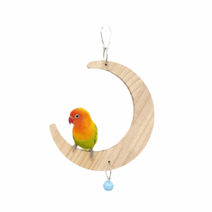 OUTOPEN Moon-shaped Bird Flower Mirror Toy Hanging Bite Resistant Bird Interactive Play Toy Pet Supplies with Bell Bird Wooden Perch For Small Parrot
