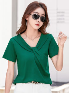 2022 summer fashion V-neck short sleeve T-shirt for women cotton plus size womens clothes plain Korean style loose solid color tee age-reducing design sense street style blouse casual all-match ladies top