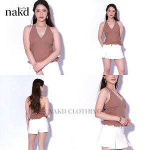 NAKD FASHION KALYN BASIC COTTON LINEN LACE V NECK HALTER SELF TIE SMOCKING CASUAL SUMMER TOP 6049