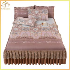 3pcs Retro Ice Silk Bed Skirt Set with Ruffle Bed Valance Lace Bedspread Machine Washable Elegant Home Decoration
