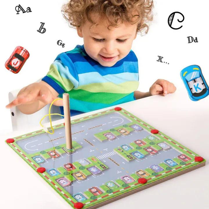 ของเล่นไม้ จดหมายแม่เหล็กเขาวงกตรถของเล่นจดหมายไม้รถจับคู่เขาวงกตการศึกษาเกมจับคู่ Montessori ของขวัญพ่อแม่และลูกของเล่นแบบโต้ตอบ