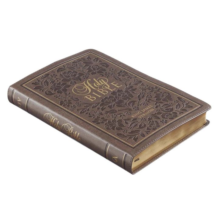 Dusty Brown Floral Faux Leather Large Print Thinline KJV Bible With ...